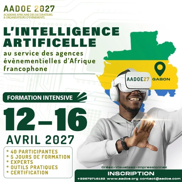 Affiche officielle AADOE27 — L'intelligence artificielle au service des agences événementielles d'Afrique francophone, Libreville Gabon, 12-16 avril 2027